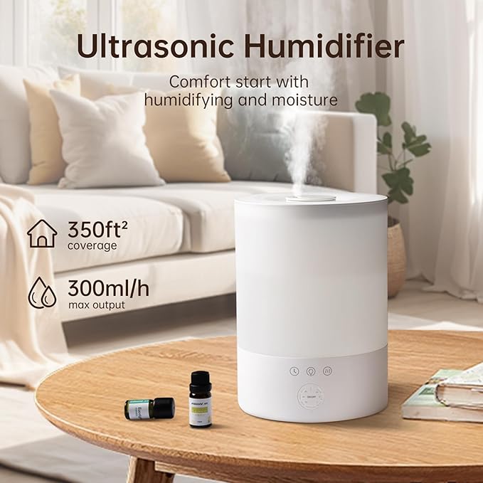 YOGIN Humidifiers for Bedroom Large room,Top fill 2.5L Ultrasonic cool mist Humidifiers for Baby Nursery and Plants,Up to 24 Hours, 24db Quiet,Night Light, Auto Shut Off, Easy Clean Humidifier
