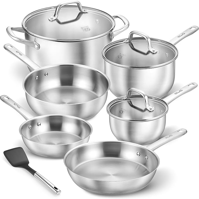 KOCH SYSTEME CS Stainless Steel Pots and Pans Set, 10 Piece Stainless Steel Cookware Set for Professional Cooking, Kitchen Cookware Sets, Induction Compatible Cookware Set 10 Pcs, Pots and Pans