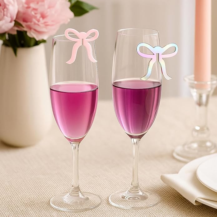 36 Pcs Bow Drink Markers Acrylic Drink Tags Bowknot Wine Glass Charms for Bachelorette Coquette Birthday Cocktail Wedding Decoration Bridal Shower Party Favors