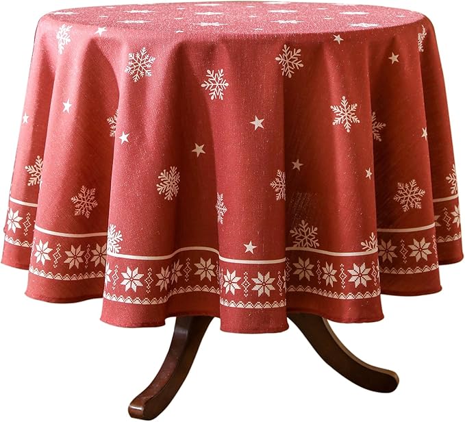 ISAENNE Designer Christmas Red Small Round Tablecloth,Linen Table Cloth with Snowflakes Pattern,Wrinkle Resistant Decor Tablecloths for Dining Kitchen Thanksgiving Christmas,Diameter 55"-Carol C