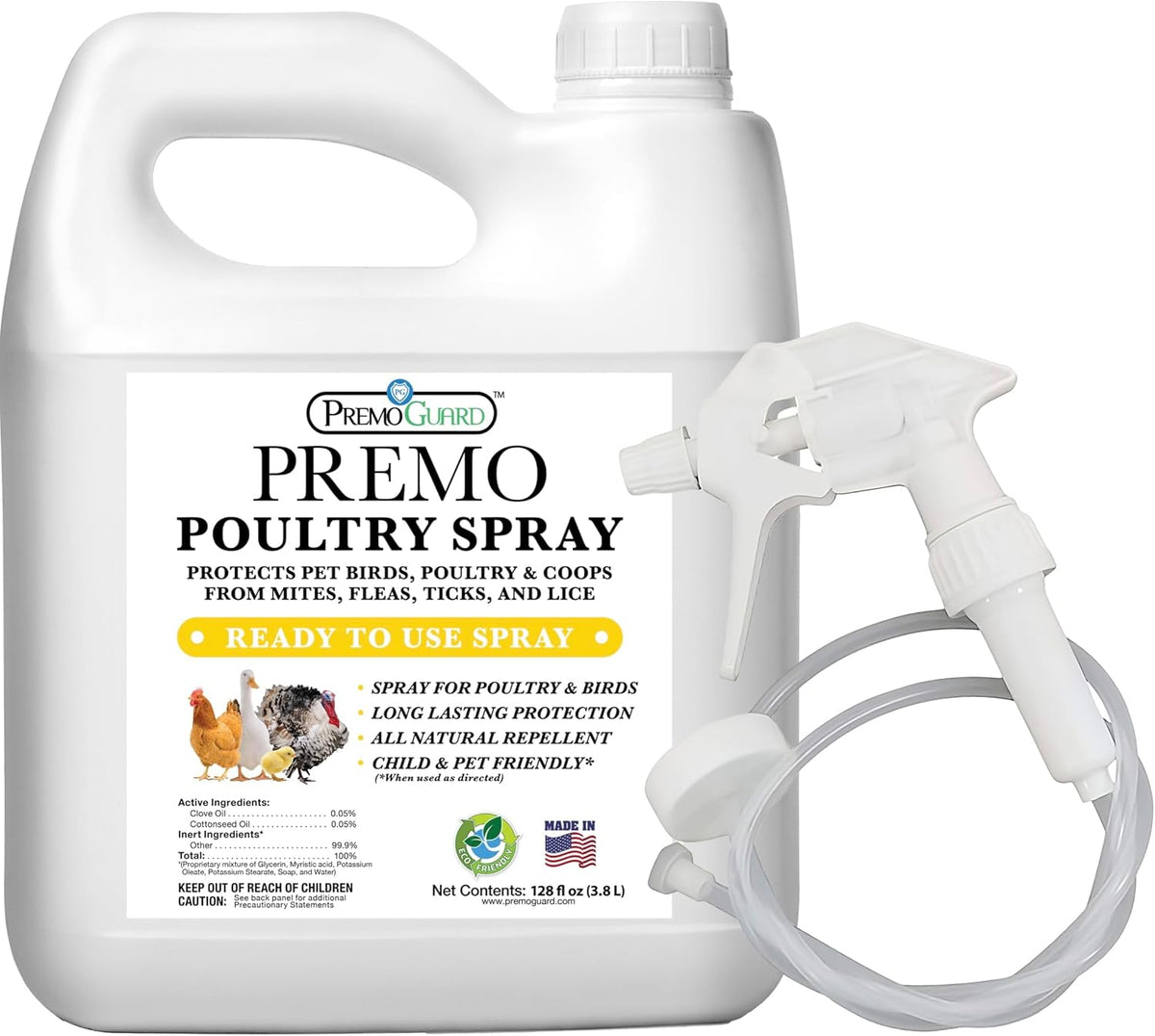 Premo Guard Poultry Spray - 128 oz - Kill Scaly Leg, Mites, Fleas, Lice, & Other Pest on Chickens and in Coops - Natural Plant Based Oils for Control, & Prevention - Family Safe with No Egg Withdrawl