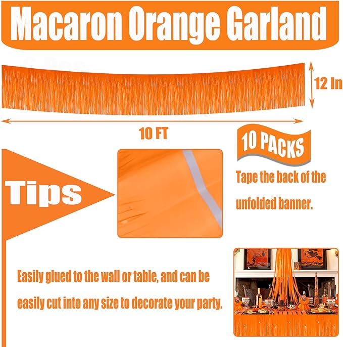 10 Pack 10 Feet Foil Fringe Garland Metallic Tinsel Streamers Banner Wall Hanging Curtain Backdrop for Parade Floats, Bachelorette, Wedding, Birthday, Halloween, Christmas Party Decorations(Orange)