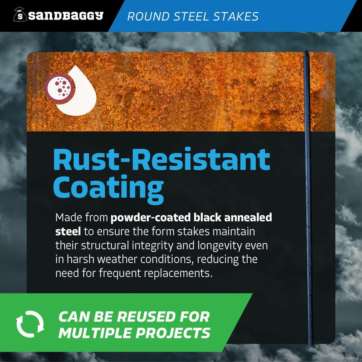 Sandbaggy Round Steel Concrete Form Stakes with Nail Holes - Rust Resistant Coating - Removable, Reusable (1000, 3/4 in X 36 in)