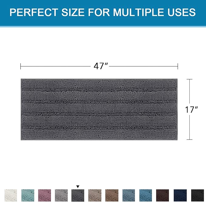H.VERSAILTEX Bath Rugs for Bathroom Non Slip Bath Mats Extra Thick Chenille Striped Bath Rug Runners 47" x 17" Absorbent Fluffy Soft Shaggy Mats Dry Fast Plush Area Carpet for Bath Room - Grey