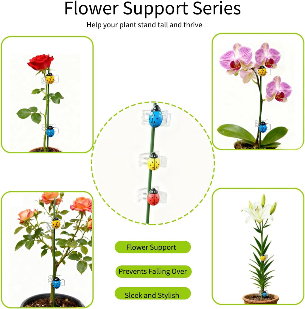 16.5 Inch Plant Stakes - 10 Pcs Bendable Plant Support Stakes Green with 10 Clips & 5 Adorable Ladybug Clips for Indoor Outdoor Potted Plants, Orchids, Tomatoes, Flowers Gardening