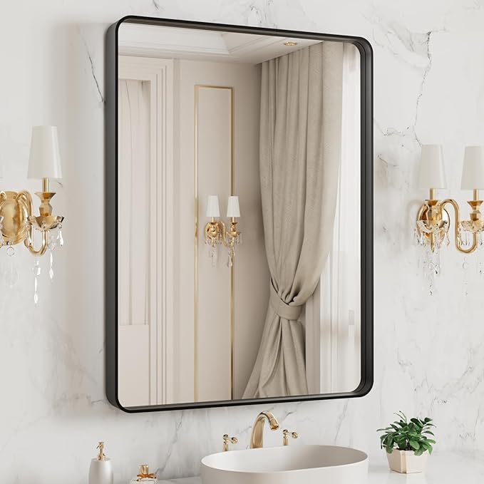LOAAO 20X16 Inch Black Metal Framed Bathroom Mirror for Wall, Matte Black Bathroom Vanity Mirror Farmhouse, Large Rounded Rectangle Mirror, Anti-Rust, Hangs Horizontally or Vertically