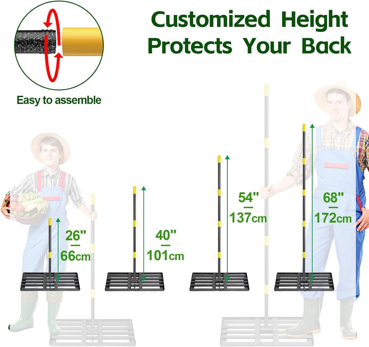 Lawn Leveling Rake 30”x10” Large Heavy Duty Metal Lawn Leveler with 65” Long Adjustable Handle Proffesional Yard Leveling Rake for Soil Dirt Sand Compost Efficient Folding Lawn Leveling Tool