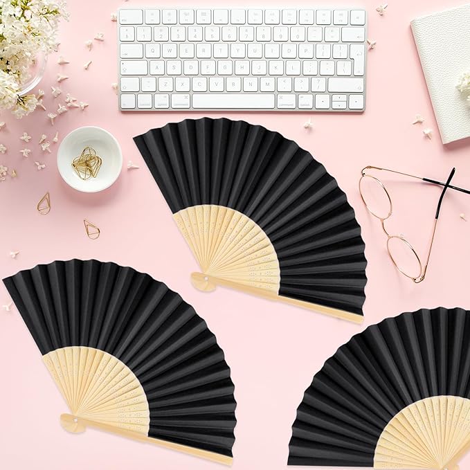 12 Pieces Black Hand Held Bamboo Folding Fans Paper Fans Handheld for Women Foldable Girls Wedding Decoration Church Home Party Favors Summer