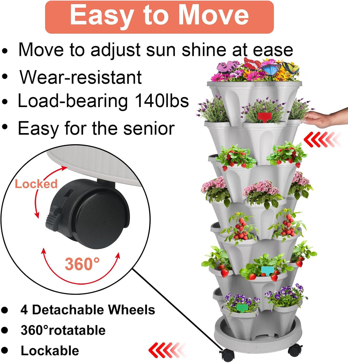 Vertical Planter, 7 Tier Stackable Strawberry Planter with Garden Tool Set, Movable Indoor/Outdoor Garden Herb Pot for Growing Vegetables and Succulents, Gray