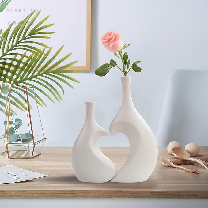 White Ceramic Vase Set of 2,Heart Shaped vase, Matte Frosted Texture Finish,Farmhouse Decor, Home Decor, Vases for Your Bedroom, Office, Living Room, Bathroom (White)