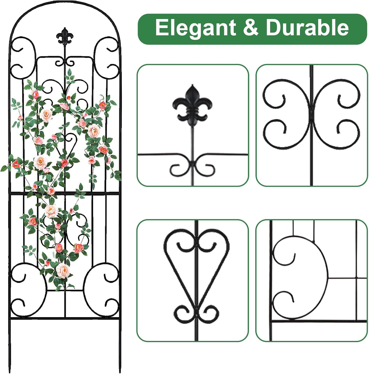 70"X18" Metal Garden Trellis for Climbing Plants, Climbing Plant Support, Heavy-Duty Steel Garden Trellis for Indoor & Outdoor Vines Plant Rose Vegetable Support Black (2, Pattern-C)