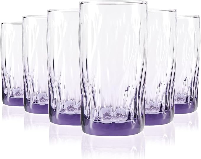 CREATIVELAND Solid Color Drinking Glasses Set of 6, 13.5 OZ Wind-blown Ripples Glass Tumbler Glassware for Water, Juice, Different Options for Home, Restaurant, Hotel, Bar,Purple