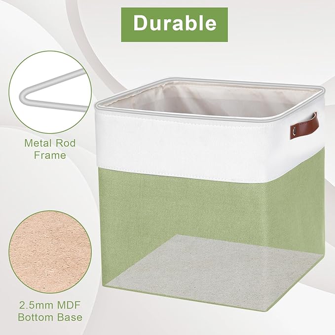 13x13 Cube Storage Bins, Collapsible Fabric Storage Box, 4 Pack Closet Baskets with Handles for Organizing, Shelf, Toys, Clothes, Home, Office, Nursery (Green&White)