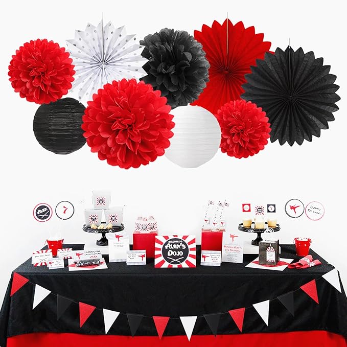 Red-Black White Party-Decorations Paper-Flowers Lanterns - 20PCS Halloween Tissue Pom Poms Streamers Fans Honeycomb, Vintage Baby Shower Birthday Bachelorette Hanging Supplies Decor Burgleda