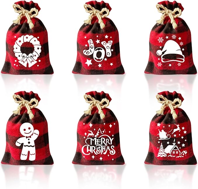 CCINEE 36Pcs Christmas Buffalo Plaid Drawstring Bags Red and Black Plaid Xmas Burlap Bag Reusable Treat Candy Bag Cotton Gift Bags with Drawstrings for Candy Wrapper Christmas Party Favors