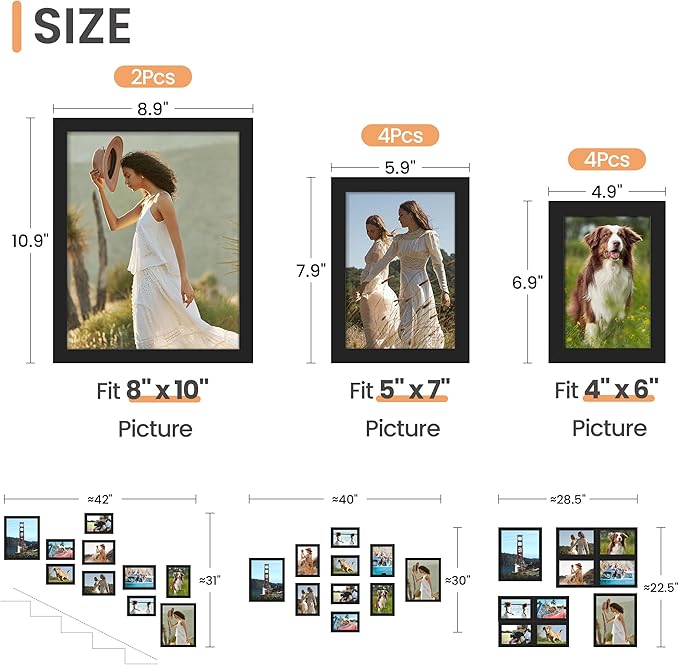 upsimples 10 Pack Picture Frames Collage Wall Decor for Mounting or Tabletop Display, Photo Gallery Frame Set for Family, Multi Sizes Including 8x10, 5x7, 4x6, Black