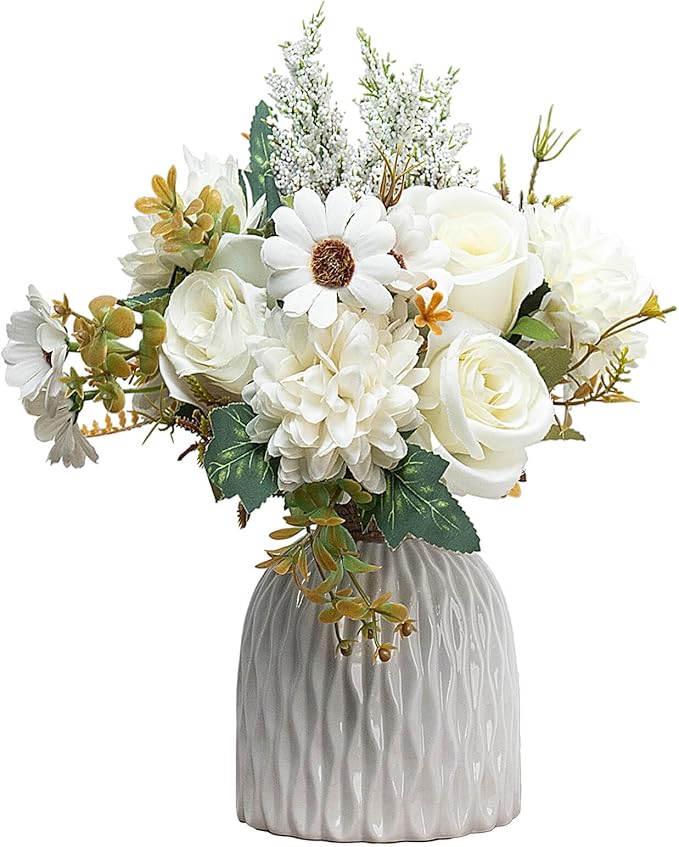 Epicpetal Fake Flowers in Vase, Artificial Pink Flowers in Vase for Decoration Faux Flowers Fake Floral for Home Decor Indoor Dining Table Centerpiece (White)