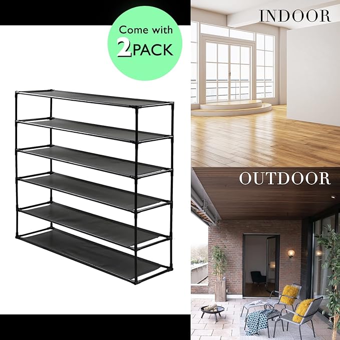 TY ARTS & CULTURE 2 Pack 6-Tiers Shoe Rack Organizer, Sturdy Metal Pipes & Durable Non-Woven Fabric, Space Saving Tall Shoe Shelf Hold 48-60airs, Shoe Rack for Entryway (Black)