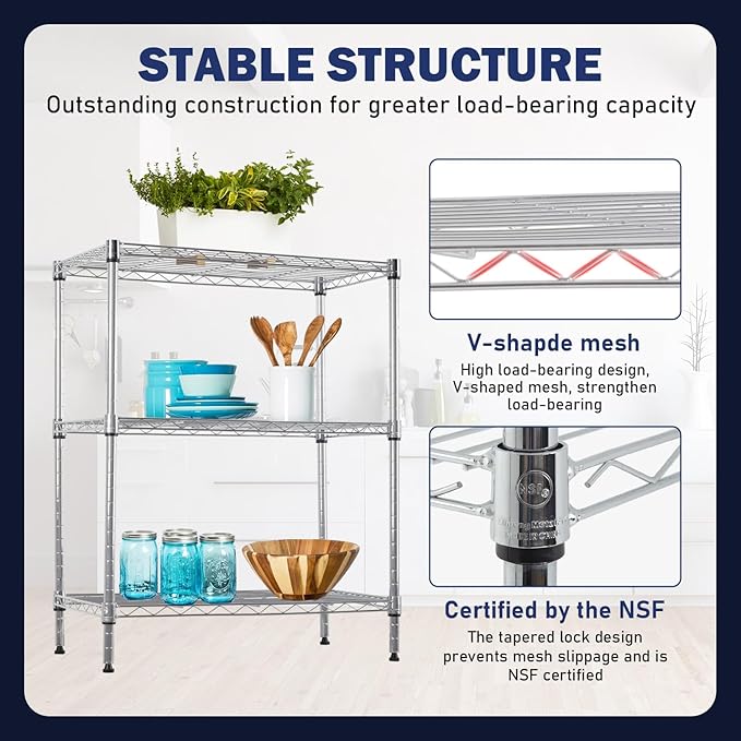 PayLessHere Shelf Shelving Pantry Storage Cabinet Heavy Duty 3 Tier Metal Storage Shelf 450 lbs Total Capacity NSF Certified Space Saving Design Adjustable Feet Easy Assembly (Chrome)