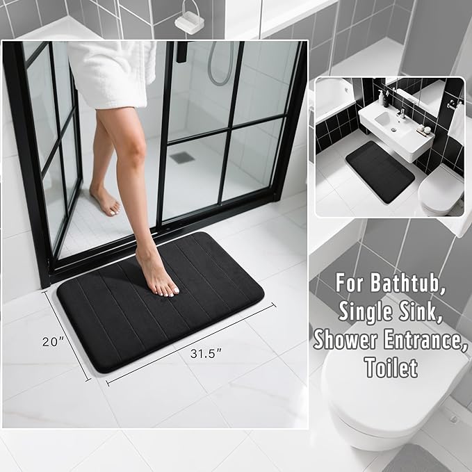 Yimobra Memory Foam Bath Mat, Super Soft Absorbent Bathroom Rug Non Slip 31.5x20 Inch, Quick Dry, Machine Washable Floor Carpet for Tub Shower, Home Decor Accessories, Black