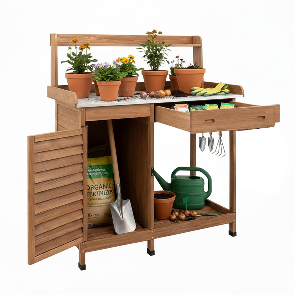 Potting Bench Table Work Bench with Storage Cabinet Outdoor Wooden Garden Workstation with Metal Tabletop/Drawer/Hooks/Open Shelf(41" LX 12.5" W X 49.2" H)