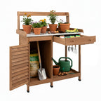 Potting Bench Table Work Bench with Storage Cabinet Outdoor Wooden Garden Workstation with Metal Tabletop/Drawer/Hooks/Open Shelf(41" LX 12.5" W X 49.2" H)
