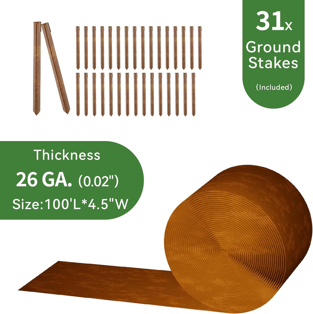 Worth Galvanized Steel Landscape Edging 4.5" x100' Metal Garden Edging Roll Flexible Bender Border with 31Pcs Stakes for Lawn, Flower Bed Edges, Rust-Colored Painted
