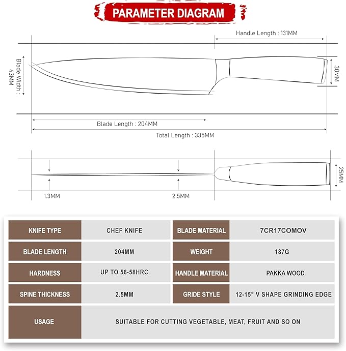 Seido Knives Master Chef Knife Japanese Handmade High Carbon Steel 8 inch - Perfectly Well-Balanced Pakka Wood Handle Kitchen Slicing Knife Razor-sharp Blade Precision Cutting