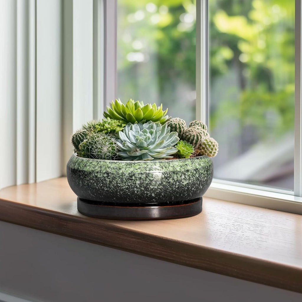 Bonsai Pots 10 Inch - Ceramic Pots for Plants Indoor Outdoor, Succulent Pot with Drainage Hole and Saucer, Large Bonsai Planter, Round Shallow Planter, Office Decor, Gardening Gift, Green