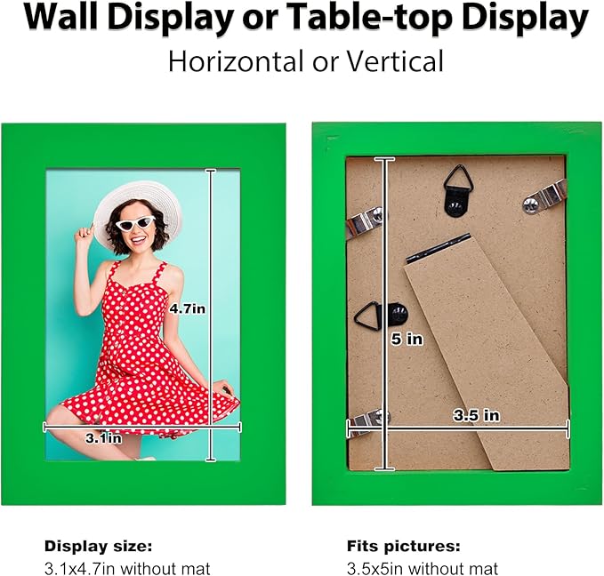 KINLINK 3.5x5 Picture Frame Grass Green, Solid Wood Frames with Plexiglass for Table Top and Wall Mounting, Photo Frames for Horizontal or Vertical Display, 4 Pack
