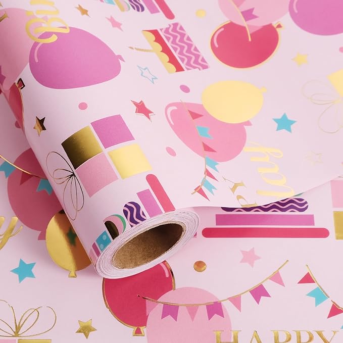 Aimyoo Pink Birthday Wrapping Paper Roll - 17 Inch X 32.8 Feet - Gold Foil Celebration Cake, Balloon, Happy Birthday Lettering Design Gift Wrap for Kids, Baby Showers