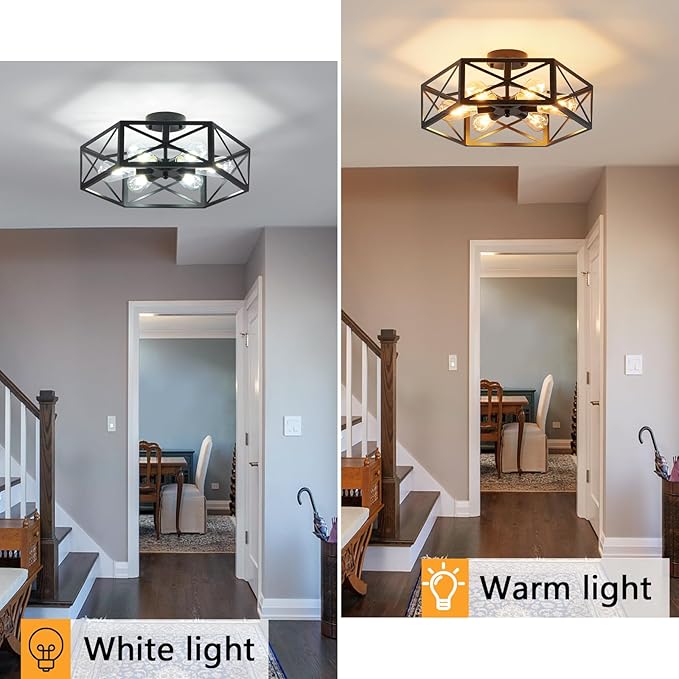 Industrial Semi Flush Mount Ceiling Light, 6 Light Modern Metal Close to Ceiling Light Fixture, Farmhouse Light Fixtures Ceiling Mount, Black Chandelier for Kitchen, Dining Room, Hallway