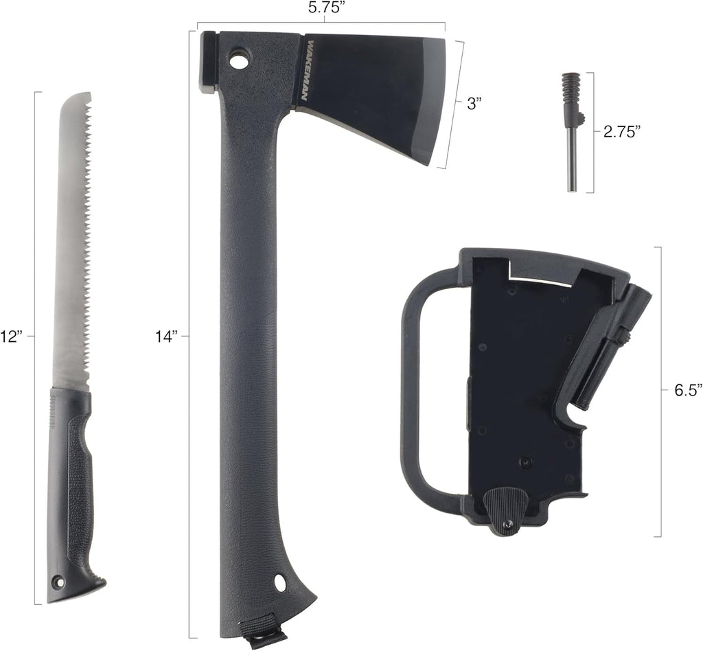 Camping Hand Axe and Survival Gear - Lightweight Hatchet with Nested Serrated Wood Saw Knife and Magnesium Fire Starter Tool by Wakeman (Black)