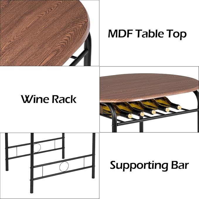 VINGLI 3 Piece Dining Set,Small Kitchen Table Set for 2,Breakfast Table Set for 2,Kitchen Wooden Table and 2 Chairs for Small Space/Dining Room/Apartment,Metal Frame,Wine Rack,Black&Walnut
