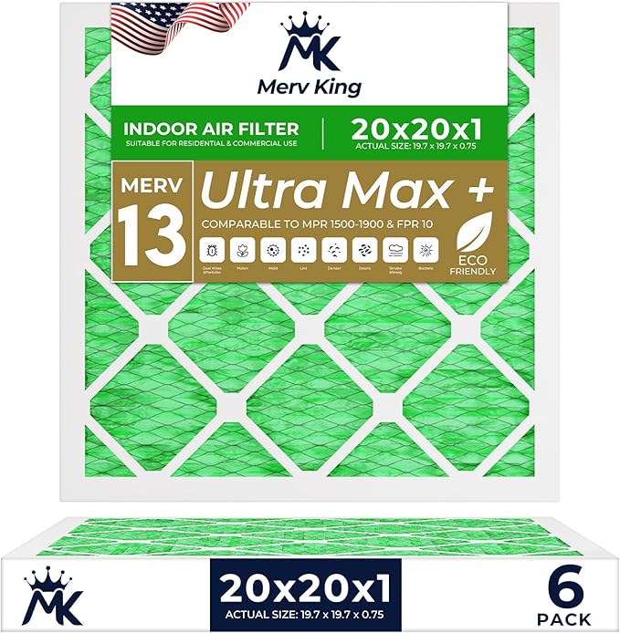 MervKing 20x20x1 Air Filter Actual Size: 19.7" x 19.7" x 0.75" MERV 13 MPR 1500-1900 | MADE IN USA | 6-Pack | Pleated HVAC AC Furnace Replacement