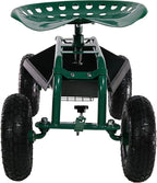 Sunnydaze Rolling Garden Cart with Seat - Garden Stool with Wheels and Adjustable 360-Degree Swivel Seat - Utility Tool Tray and Storage Basket - Green
