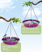Hanging Bird Bath for Outside, 11.5” Metallic Purple & Blue Metal Birdbath Bowl & Feeder with Black Chain Outdoor Garden Yard Decor