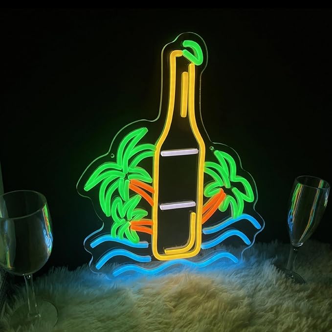Palm Tree Beer Bottle Neon Sign Dimmable LED Neon Light for Wall Decor, Neon Light Up Signs for Man Cave Pub Store Party Club LED Lights Decor