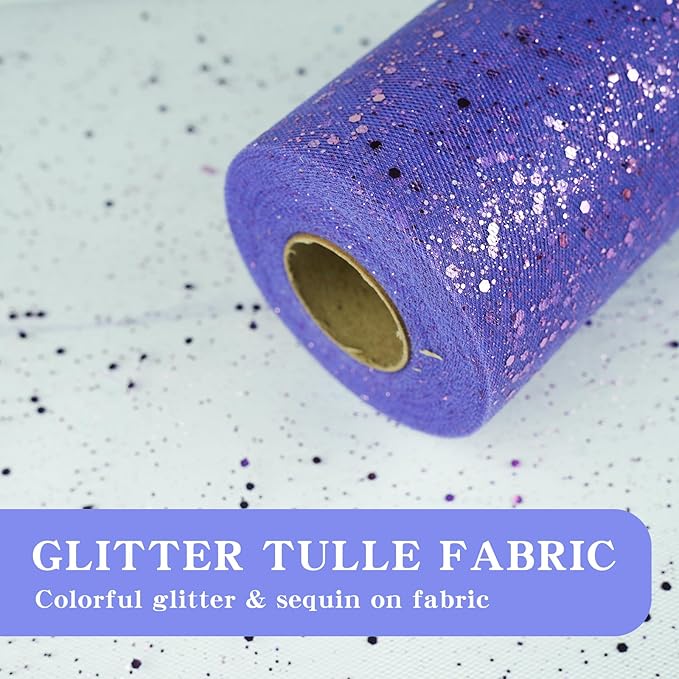 Glitter Tulle Rolls, 6” by 50 Yards (150FT) Sparkling Tulle Spool Ribbon Sequin Tulle Netting Fabric for Tutu Skirt Wedding Birthday Baby Shower (Purple)