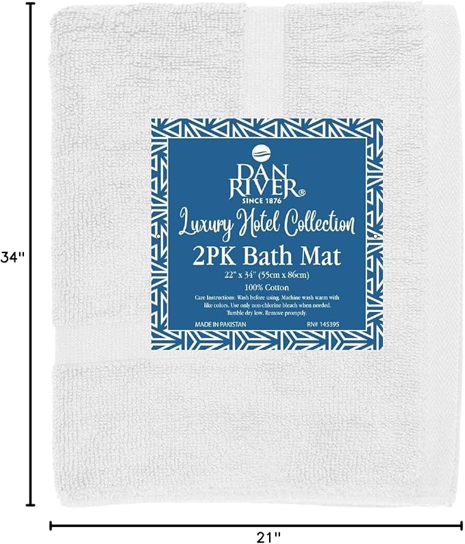 DAN RIVER Classic Bath Mat - White, 100% Ring Spun Cotton, Pack of 2, 21x34 inches, 800 GSM, Non-Slip, Absorbent, Quick Drying, Machine Washable Bathroom Floor Mats for Shower, Kitchen & Bath