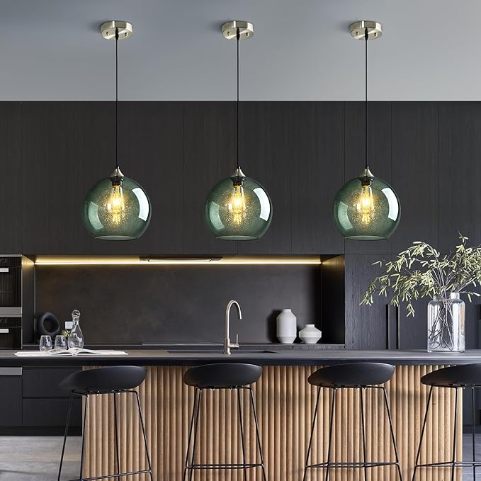 Gray Green Glass Pendant Lights Kitchen Island Lighting Globe Pendant Light Fixtures Modern Pendant Lighting for Kitchen Island Bedroom Living Dining Room Light Fixture(9.84in, 2-Pack)