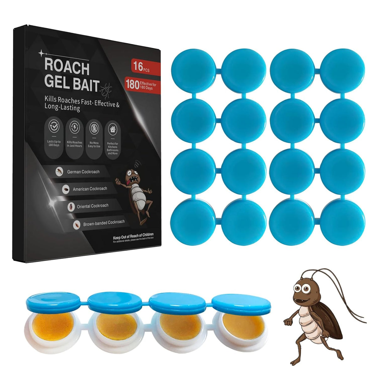 16 Pack Cockroach Gel Bait, Highly Effective Roach Gel Bait Indoor Infestation Solution, Fast Acting Cockroach Killer Indoor Home Kitchen Use, Easy to Apply & No Mess Roach Bait, Long-Lasting