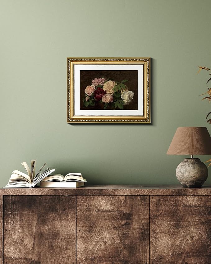 VIYYIEA Gold Framed Wall Art Canvas Print Home Decor Rose Vintage Botanical Prints Room Decor Flower Paintings Canvas Art Pictures Wall Decor Floral Wall Art for Living Room Bedroom Office 11x14in