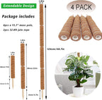 YEAJON 4 Pcs 15.7 Inch Coir Moss Totem Pole Monstera Plant Support with 2 Pcs 32.8ft Jute Rope, Plant Stakes for Indoor Plants Climbing, Support Extension(4 Packs 15.7 Inch)