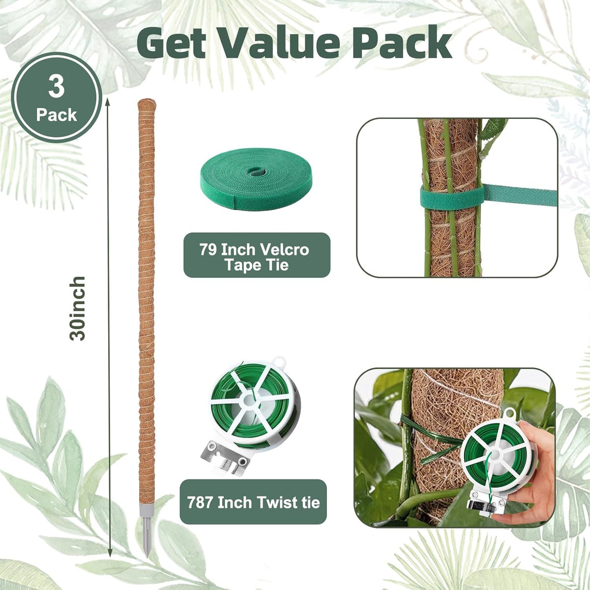 3 Pack Moss Pole, 30 Inch Monstera Plant Support， Moss Poles for Climbing Plants Indoor DIY, Coco Coir Plant Pole Moss Plant Stick Support Stake Kit for Potted Plants, Pothos, Philodendron