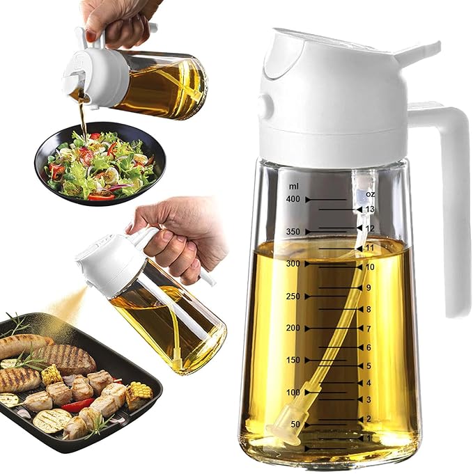 TrendPlain 16oz/470ml Glass Olive Oil Sprayer for Cooking – 2 in 1 Olive Oil Dispenser Bottle for Kitchen Gadgets and Air Fryer Accessories, Salad, BBQ - White
