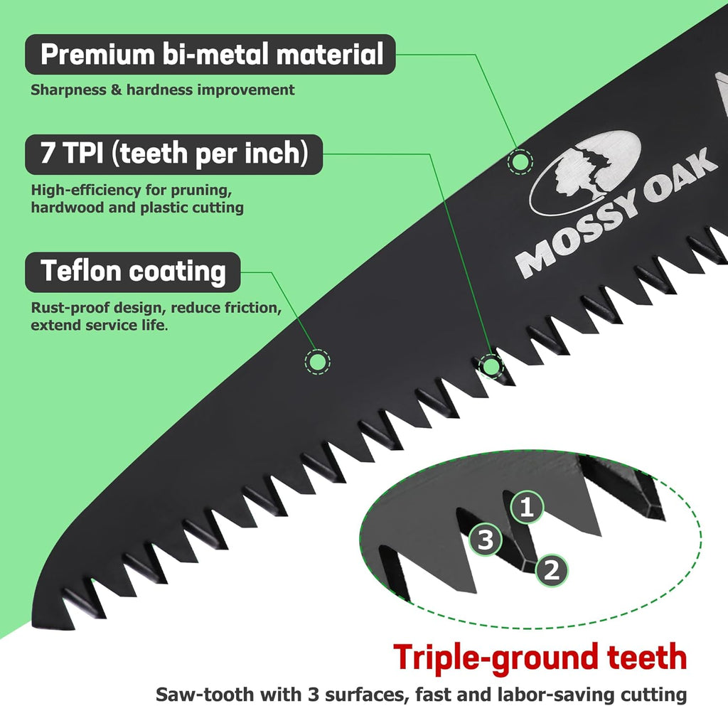 MOSSY OAK Folding Saw - 7 Inch Pruning Handsaw with Pouch, D6A & M2 Bimetal Saw Blade, Hunting Saw Foldable for Deer, Tree, Wood, and Limb Cutting