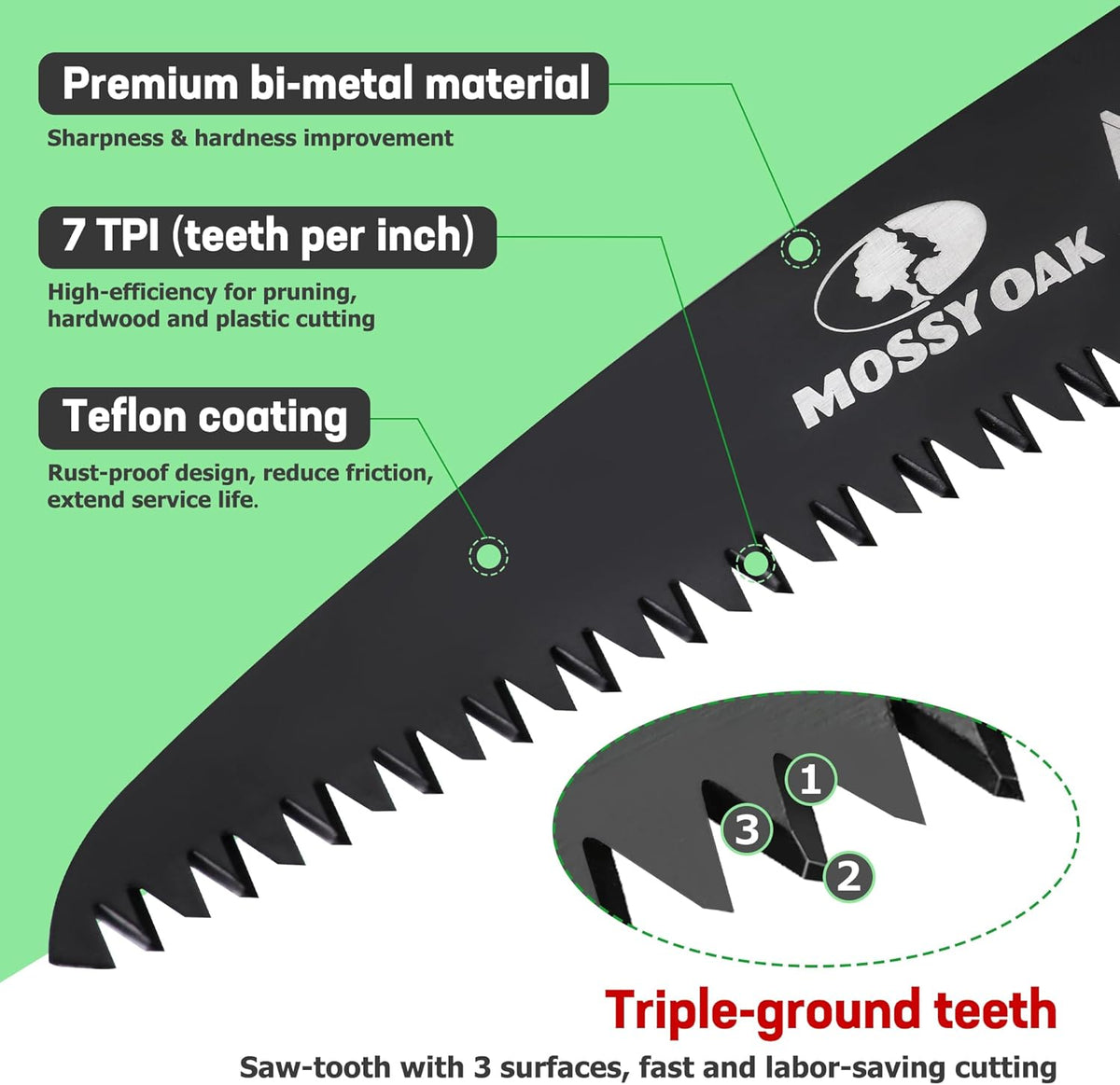 MOSSY OAK Folding Saw - 7 Inch Pruning Handsaw with Pouch, D6A & M2 Bimetal Saw Blade, Hunting Saw Foldable for Deer, Tree, Wood, and Limb Cutting