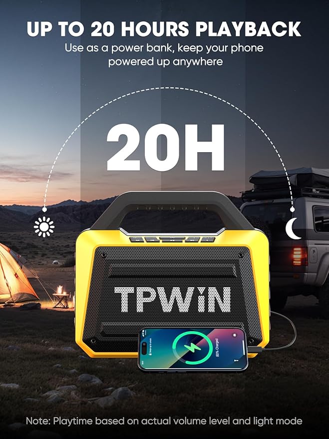 Portable Bluetooth Speakers - Wireless Jobsite Speaker 80W Peak, TWS, Light Shows, Loud Speaker with Deep Bass, BT 5.3, IPX6 Waterproof, 20H Playtime for Outdoor Beach Camping Garage - Yellow