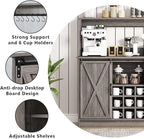 Farmhouse Coffee Bar Cabinet with 9 Wine Racks and 6 Hooks, 47 Inch Wine Bar with Storage, Buffet Cabinet Adjustable Shelves, Kitchen Buffet Cabinet for Dining Living Room, Grey Living Room, Grey